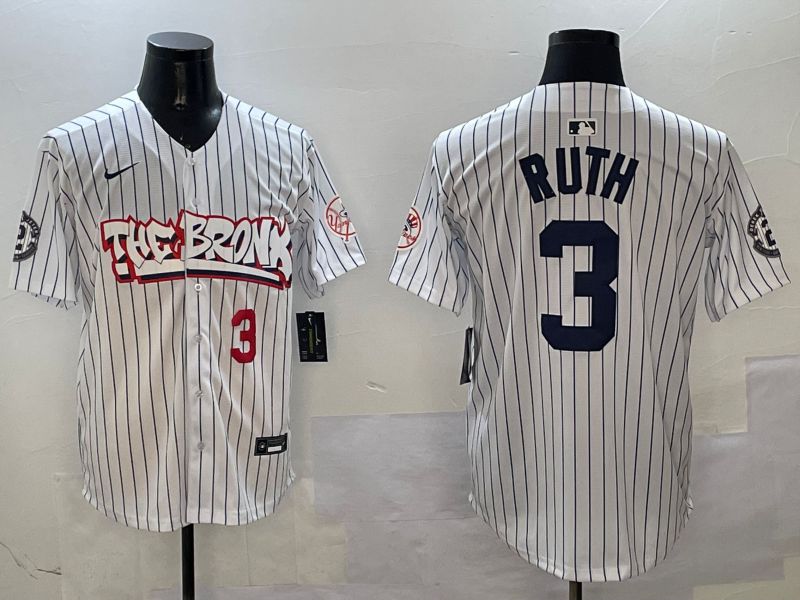 Men New York Yankees #3 Ruth White Stripe four generations Joint Name 2025 Nike MLB Jersey style 6